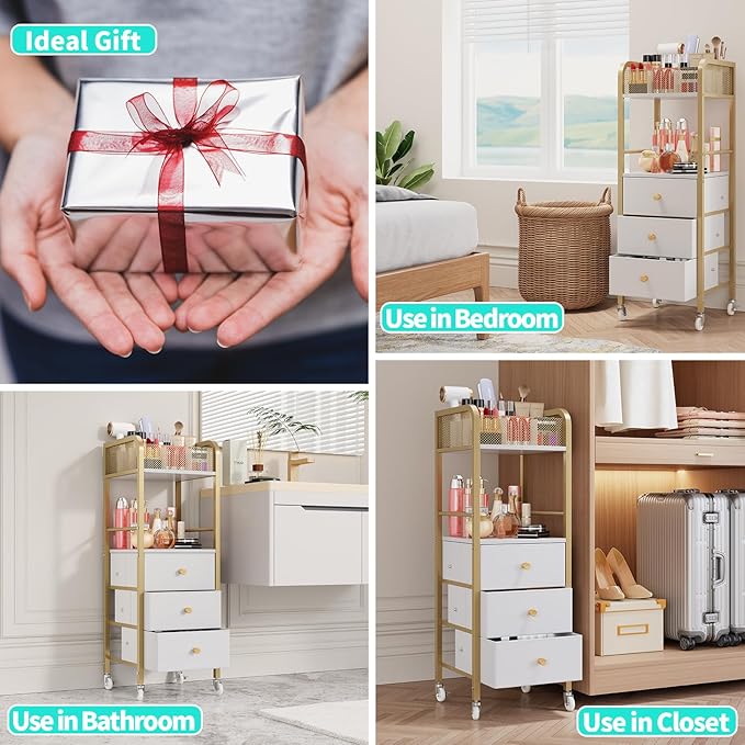 HapiRm Rolling Makeup Cart Organizer - Floor Skincare Make Up Storage with 3 Non-woven Fabric Drawers, Vanity Organizer Cosmetic Display Cases Holder for Skin Care Perfume Nail Polish Brush Hair Tool