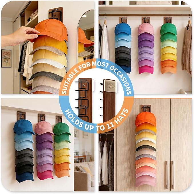 2 Pack Hat Organizer for Baseball Caps, Wood & Metal Hat Rack for Wall, Hat Storage for 22 Caps with Strong Adhesive/Wall Drilled for Door, Wall and Closet (Brown)