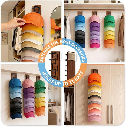 2 Pack Hat Organizer for Baseball Caps, Wood & Metal Hat Rack for Wall, Hat Storage for 22 Caps with Strong Adhesive/Wall Drilled for Door, Wall and Closet (Brown)