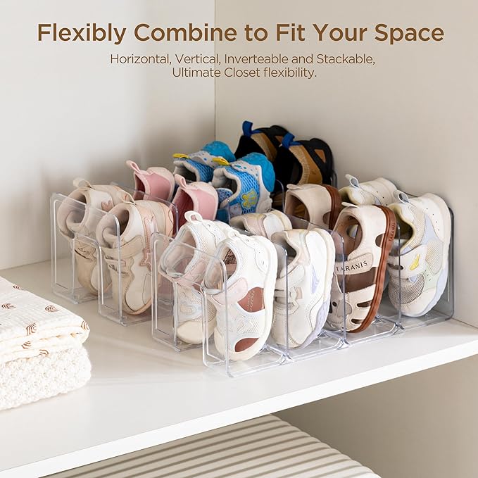HBlife Clear Acrylic Kids Shoe Rack for Closet Organizers and Storage, Small Shoe Rack 4 Sections Toddler Baby Shoe Storage Organizer Stackable Shoe Shelf,Desk File Sorter Book Purse Organizer(4 Pack)