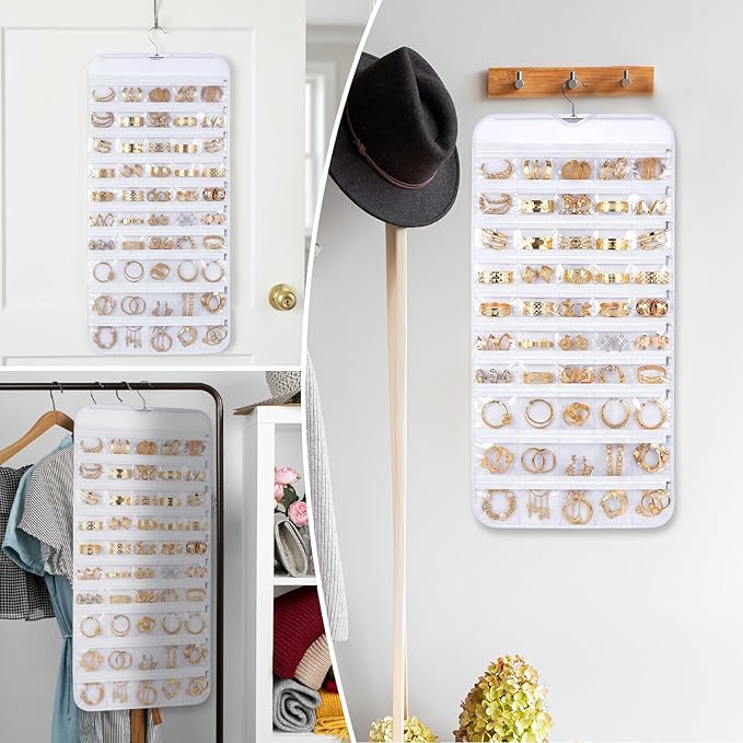 2 Pack Hanging Jewelry Organizer 80 Zippered Pockets 80-Pocket Dual-sided Jewelry Storage for Necklace Bracelet Earring RingsTravel Holder - White