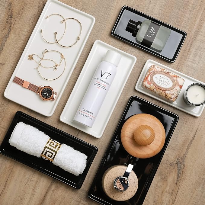 Gurygo 8" Bathroom Trays, Ceramic Vanity Trays for Bathroom, Small Ceramic Tray, Kitchen Soap Tray for Kitchen Counter (Black, 8",Set/1)