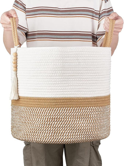 Mkono Woven Storage Basket Decorative Natural Rope Basket Wooden Bead Decoration for Blankets,Toys,Clothes,Shoes,Plant Organizer Bin with Handles Living Room Home Decor, 16"W×13.8"L, White and Brown