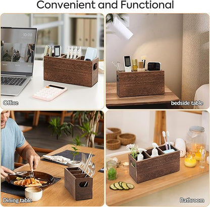VIVIRBIEN Wooden Silverware Holder, Kitchen Utensil Caddy with 3 Compartments, Cutlery Storage Organizer Countertop, Flatware Organizer for Party, Spoon, Fork Holder