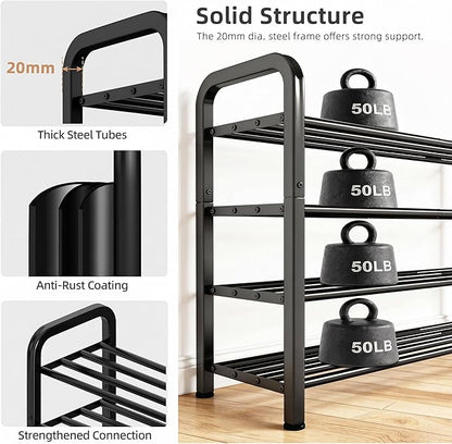 STORAGE MANIAC 4-Tier Expandable Shoe Rack, 16 Pairs Adjustable Shoe Shelf for Closet, Entryway, Hallway, Garage, Dorm, Heavy-duty Metal Shoe Organizer for Small Space, Black