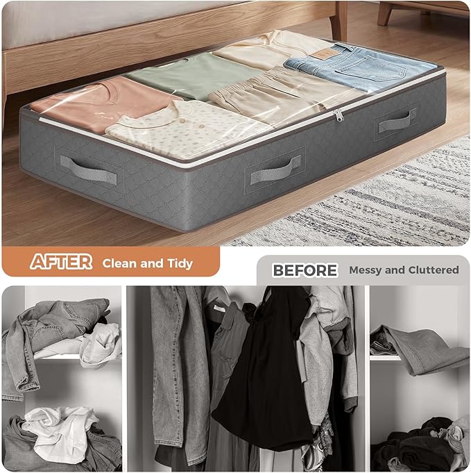Budding Joy 90L Under Bed Storage Containers, Closet Organizers and Storage Bins, Foldable Underbed Storage Bags for Linen Sheets, Blanket, Clothing, Comforter, Sweaters, Pillows, Wrapping Paper, Grey