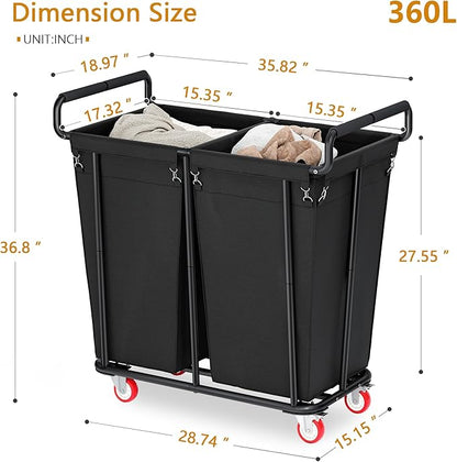 Gewudraw Large Laundry Hamper with Wheels, 2 Bag 360L Big Rolling Laundry Basket Sorter Cart, Extra Large Clothes Hamper, Heavy Duty Laundry Basket Organizer for Laundry Room, Bathroom
