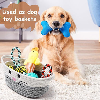 Small Woven Baskets for Organizing Rope with Handle Cute Cotton Basket for Nursery Gift Dog Cat Toy Storage Basket for Toy Organizer-Gray