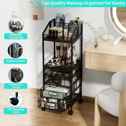 HapiRm Makeup Organizer Storage Cart - Floor Skincare Make Up Storage with 4 Drawers, Rolling Makeup Cart Vanity Organizer Cosmetics Display Cases Holder for Skin Care Perfume Nail Polish