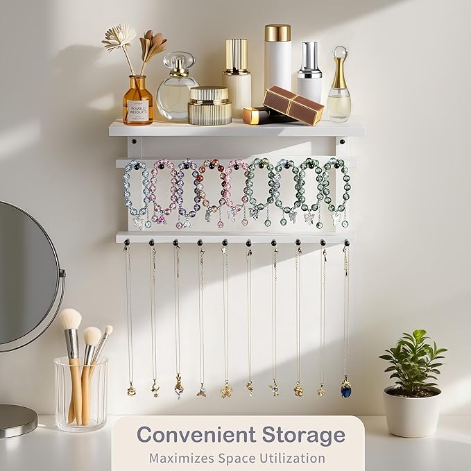 Emfogo Necklace Holder, Necklace Organizer Wall Mount Upgraded Oversized, 19 Hooks for Bracelet Necklace Storage Hanging, Jewelry Organizer Tray & Cosmetic Shelf