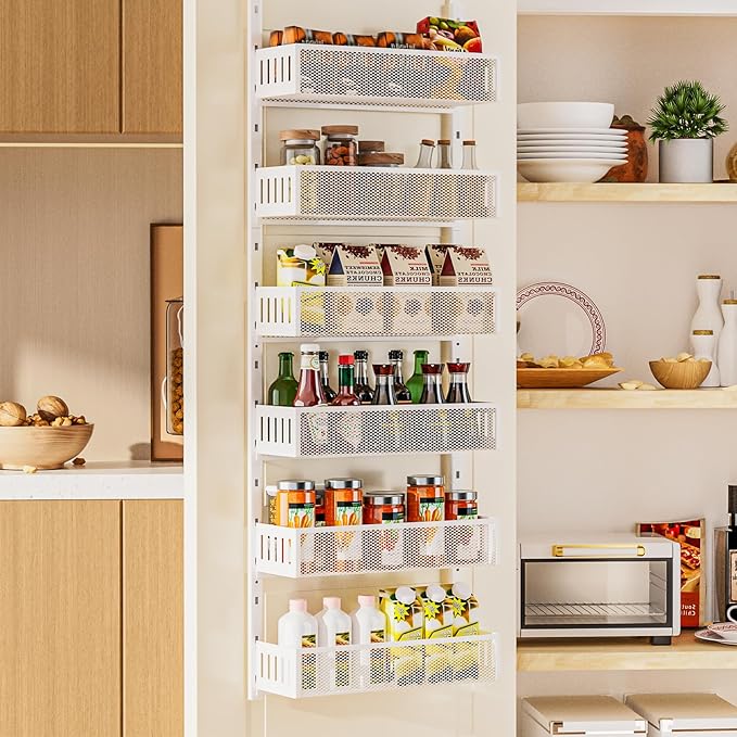6-Tier Over The Door Pantry Organizer with Mesh Baskets, Adjustable & Stable Hanging Spice Rack for Kitchen, Bathroom, Bedroom, and Baby Essentials Storage