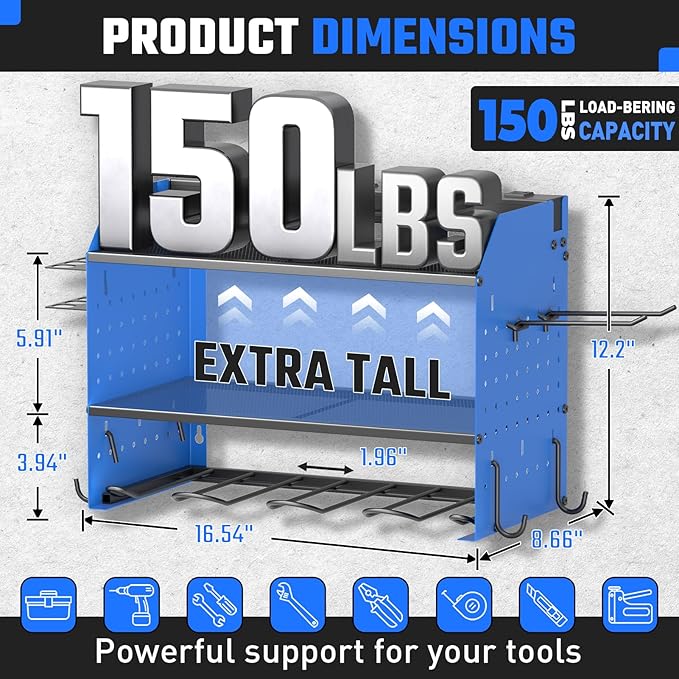 ZESEN Power Tool Organizer with Charging Station, Heavy Duty 4 Layer Drill Holder Wall Mount Garage Shelf Rack with 6 Outlet Power Strip, Tool Shelf with Hooks, Drill Bit Rack for Garage, Blue