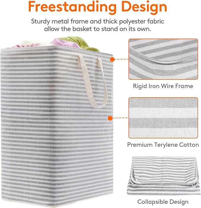 Lifewit 2 Pack Laundry Basket 125L Each, Collapsible Clothes Hamper with Reinforced Handles, Freestanding Waterproof Design for Bedroom and Laundry Room, Grey 250L Total