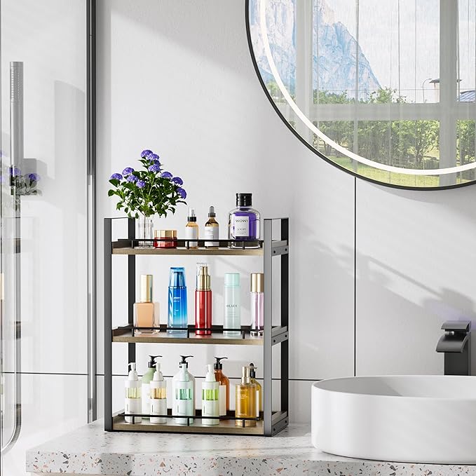 Bathroom Counter Organizer, 3 Tier Wood Countertop Shelf for Vanity, Skincare, Makeup, Kitchen Coffee and Sink Storage, with Durable Metal Bracket (Deep Brown)