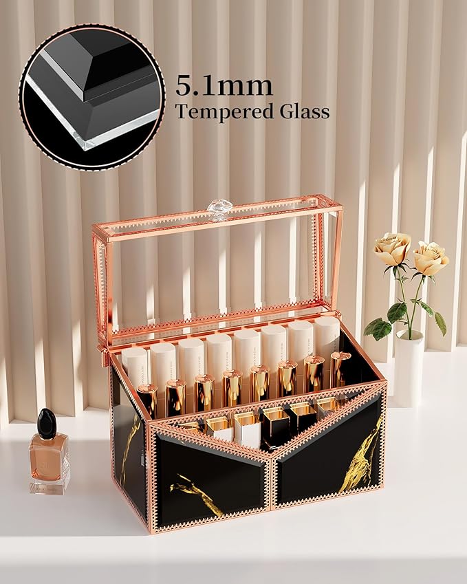 Youdepot Lipstick Organizer Lipstick Holder - 24 Spaces, Tempered Glass Lip Gloss and Perfume Organizer,Vanity Lipstick Holder and Organizer.Black