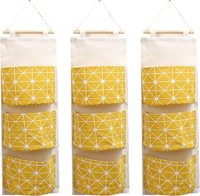 COVRA 3-Pack Wall Hanging Storage Bags – Over-the-Door Organizers with 3 Large Pockets (6.3" × 5.1"), Hanging Closet & Pantry Organizer for Bedroom, Bathroom, Dorm, and More (Yellow)