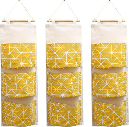 COVRA 3-Pack Wall Hanging Storage Bags – Over-the-Door Organizers with 3 Large Pockets (6.3" × 5.1"), Hanging Closet & Pantry Organizer for Bedroom, Bathroom, Dorm, and More (Yellow)