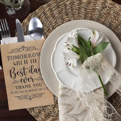 Whaline 100 Pcs Wedding Silverware Bags 5 x 7 Inch Rustic Wedding The Best Day Ever Kraft Wax Cutlery Bags Utensil Holders Reusable for Engagement Rehearsal Dinner Barbeque Banquet Supply