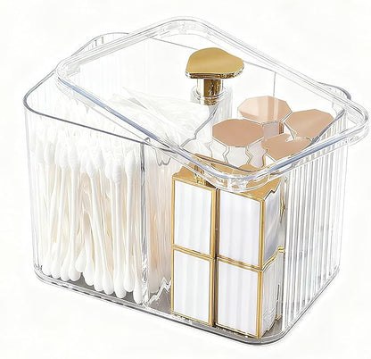 Qtips Holder Bathroom Container, 3-Section Bathroom Organizer Dispenser ,3 Grids Cotton Ball/Swab/Pad Holder ,Jar Organizer Cosmetics Storage for Vanity Clear