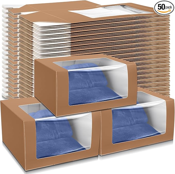 DoubleFill 50 Pcs Hat Boxes with Clear Window, Foldable Gift Boxes for Baseball Caps, Storage, Display and Shipping (Brown)