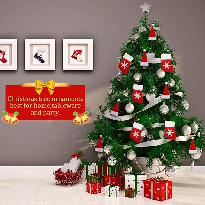 40 Pack Christmas Silverware Holders Mini Santa Hats Christmas Stocking Socks Xmas Party Dinner Table Dinnerware Decorations Non Woven Knife Fork Candy Cutlery Holder Red Wine Bottle Flatware Decor