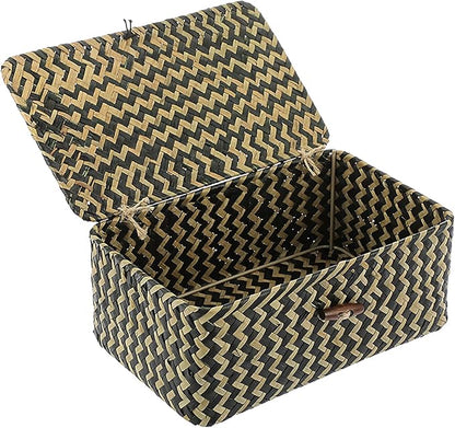 Hipiwe Seagrass Storage Baskets with Lid Woven Wicker Storage Bins for Organizing Natural Rectangular Home Organizer for Bedside Living Room Entryway Table,10.2" x 6.3" x 3.9"