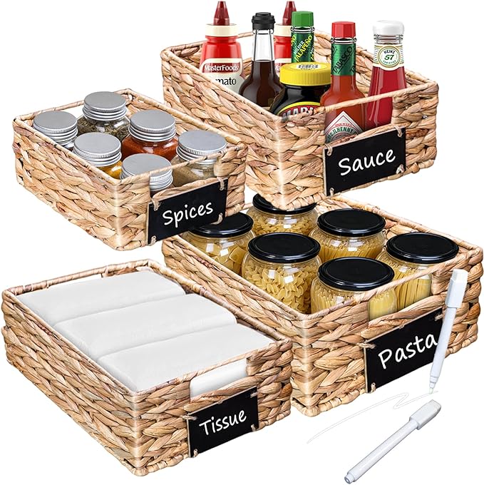 Set of 4 Sizes Hand-Woven Pantry Shelf Baskets, Hyacinth Storage Baskets with Chalkboard Labels & 2 Chalk Markers, Wicker Nestable Shelf Basket Set for Organizing Pantry Laundry Shelves