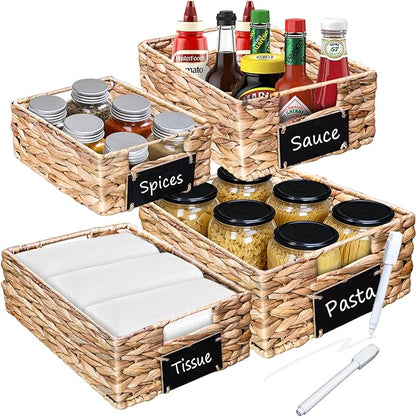 Set of 4 Sizes Hand-Woven Pantry Shelf Baskets, Hyacinth Storage Baskets with Chalkboard Labels & 2 Chalk Markers, Wicker Nestable Shelf Basket Set for Organizing Pantry Laundry Shelves