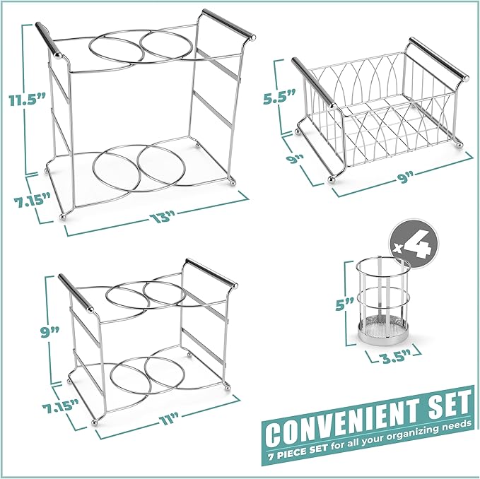 Sorbus Buffet Caddy — 7-Piece Stackable Set Includes Plate, Napkin, and Silverware Holder, 3-Tier Detachable Tabletop Organizer Ideal for Kitchen, Dining, Entertaining, Parties, Thanksgiving (Silver)
