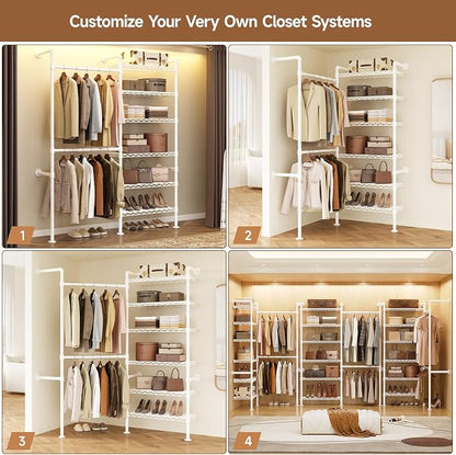 Wall Mounted Garment Rack, Walk-in Closet System with Expandable Rods, Adjustable Shelves, Industrial Pipe Clothing Racks, Hanging Clothes Organizers and Storage, Metal Closet Shelving Wardrobe