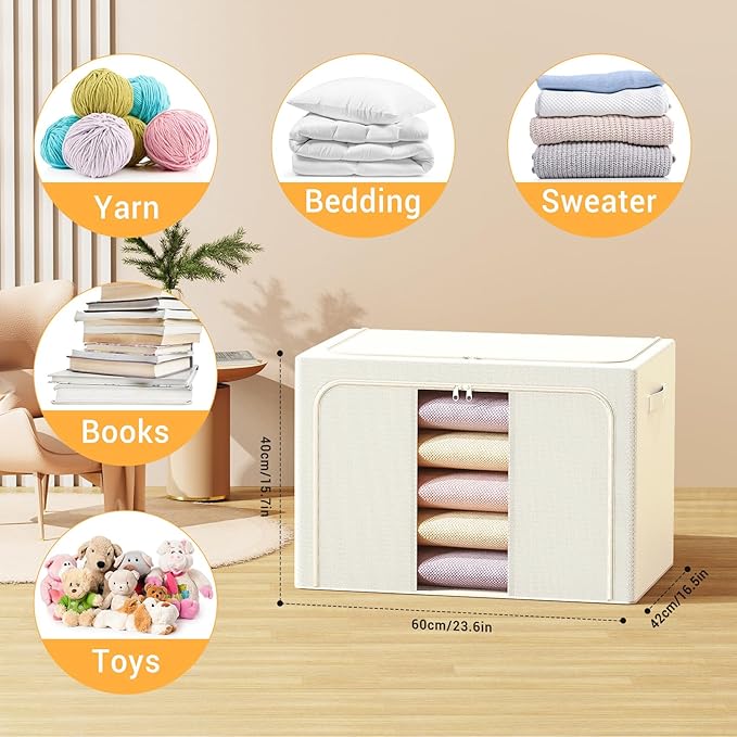 Clothes Storage Bins with Metal Frame, Foldable Clothes Organizers Storage Containers for Clothes, Sheets, Blankets, Pillows and Towels (100L, 3 Pack) Beige