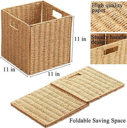 Foldable Storage Baskets with Handles Paper Rope Storage Baskets Rectangle Collapsible Hand Woven Storage Cubes Bins for Organizing Shelves Living Room Bedroom Pantry (3, 11'' x 11'' x 11'')