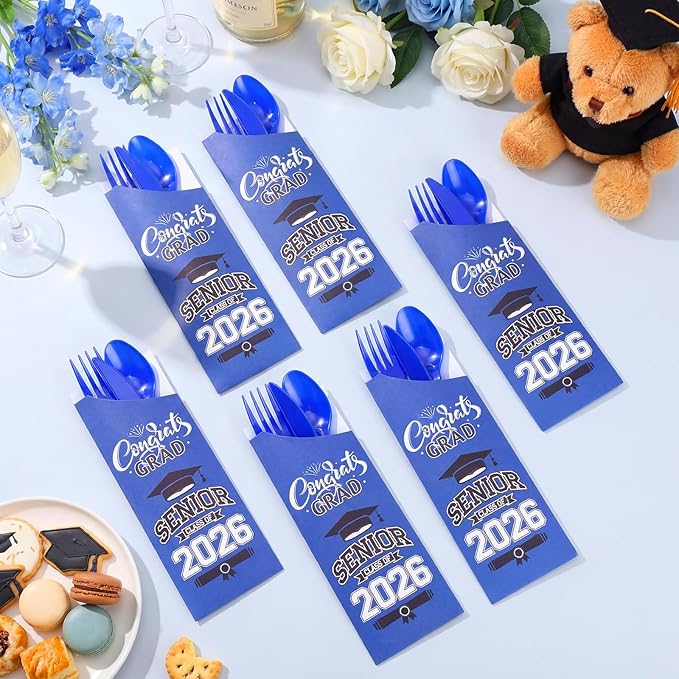 Funnymoom 400 Pcs 2026 Graduation Wrapped Silverware Bags Holder - Disposable Dinnerware Set Includes Plastic Spoons Knives and Forks, Class of 2026 Parties School Congrats Supplies(Dark Blue)