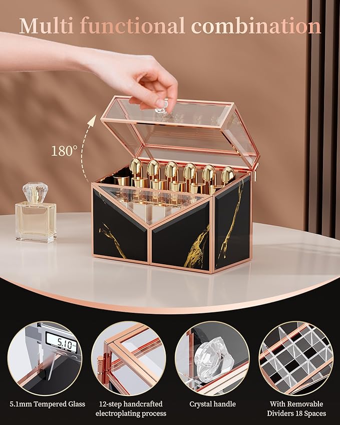 CoralHouse Lipstick Organizer - Black Glass Lipstick Holder & Nail Polish Organizer, 18-Slot Vanity Cosmetic Organizer with Removable Dividers,