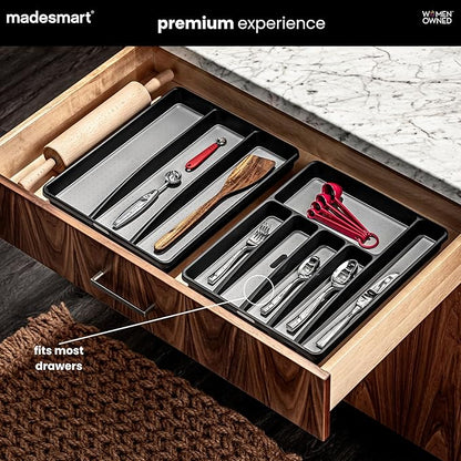 madesmart Expandable Silverware Tray, 8 Compartment Silverware Organizer for Forks, Knives & Spoons, Non Slip, Soft Grip Base, Expands to Fit Most Drawers, Carbon