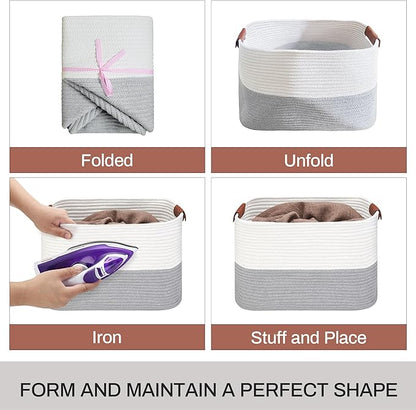 Large Cotton Rope Storage Basket with Leather Handles, Laundry Hamper Basket, 20 "L x 14" W x 12 "H, Durable & Stylish Organizer for Home.(Large Gray)