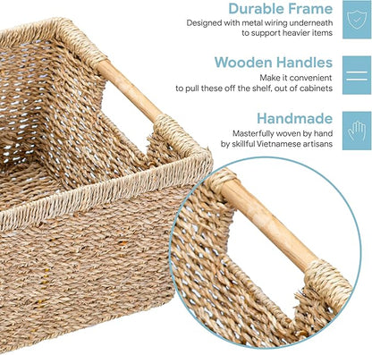 Large Wicker Storage Basket with Wooden Handles, Seagrass Basket for Shelves, Natural Wicker Bin With Handle for Storage 14.5 x 10.3 x 7.5 inches
