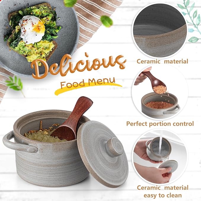 Honeydak Speckled Ceramic Salt Cellar with Lid and Wooden Spoon, Rustic Farmhouse Salt Pepper Cellar Holder for Mothers Day, Housewarming Gift, Heavyweight Spices Jar(Threaded Gray,1 Set)
