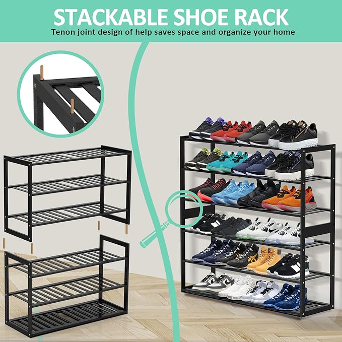 Jripae Bamboo Shoe Rack for Closet, 3 Tier 32.5inch Longer Shoe Organizer Shelf Holder Storage 12-15 Pairs Stackable for Entryway Door Hallway Bedroom Garage Space Saving Foldable Black