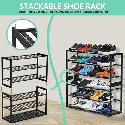 Jripae Bamboo Shoe Rack for Closet, 3 Tier 32.5inch Longer Shoe Organizer Shelf Holder Storage 12-15 Pairs Stackable for Entryway Door Hallway Bedroom Garage Space Saving Foldable Black