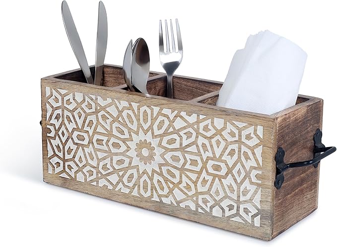 Wooden Utensil Caddy for Kitchen Countertop 3-Slot , Multi-Purpose Wooden Desk Organizer Work Desk, Bathroom, Cutlery Caddy, Office Supplies Organizer – 11 X 4.5 Inches