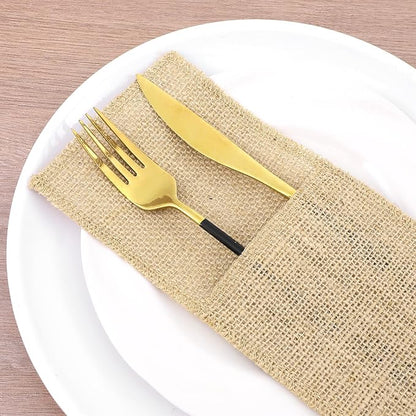 50 Pcs Natural Jute Utensils Holders, 8.8 x 4 inch Cutlery Pouch, Silverware Holder, Napkin Bag for Rustic Wedding Party Decorations