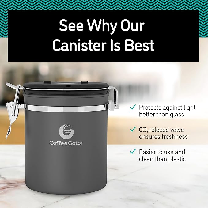 Coffee Gator Coffee Canister, Airtight Stainless Steel Kitchen Food Storage Container with Date Tracker, Scoop for Sugar, Grounds Coffee, Beans,Tea, Sugar, Cereal, Flour, Cookies Jars (Black, 16oz)