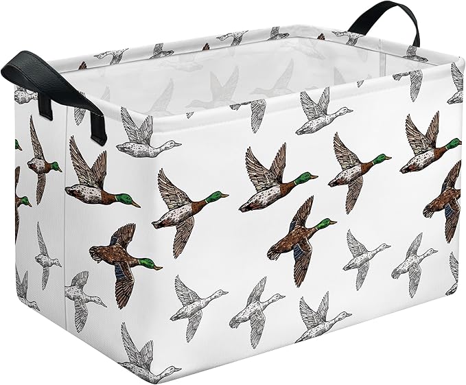 Mallard Duck Storage Basket, Collapsible Waterproof Canvas Organizer Bin, Funny Rectangular Kids Toys Storage Box Cute Mallard Duck Decor, Shelf Baskets for Closet Bedroom Office Dorm (Brown)