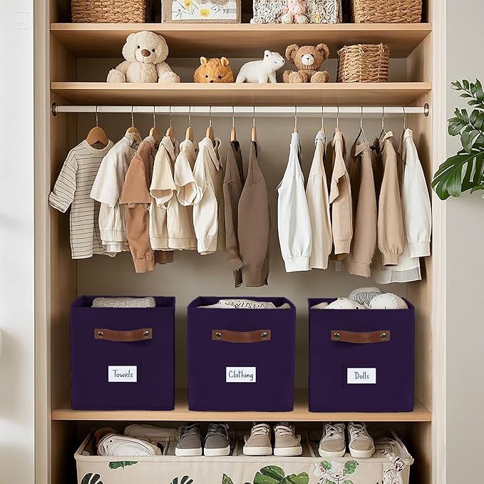 DECOMOMO Storage Bins, Cube Storage Bin with Labels, Fabric Storage Cubes for Shelves (10.5" x 11" / 6pcs, Deep Violet)