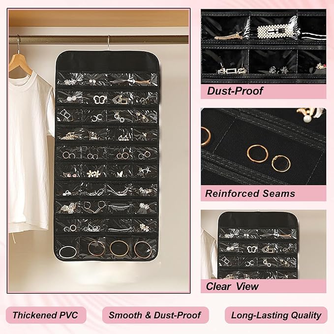 AZY 3PCS Headband Holder & Hair Accessory Organizer for Girls – 2 Hanging Headband Organizers for Headbands, Scrunchies & Hair Ties plus 80 Pocket Clear Jewelry Organizer for Bedroom, Dorm & Closet
