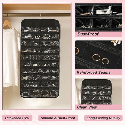 AZY 3PCS Headband Holder & Hair Accessory Organizer for Girls – 2 Hanging Headband Organizers for Headbands, Scrunchies & Hair Ties plus 80 Pocket Clear Jewelry Organizer for Bedroom, Dorm & Closet