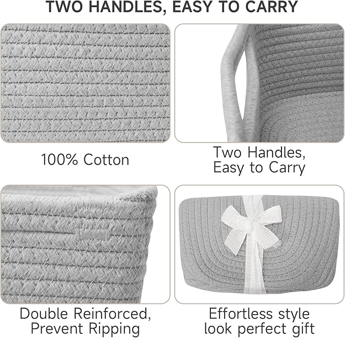 3-Pcs Shelf Baskets for Organizing, Closet Organizer Bins, Small Woven Baskets, Rope Toy Basket, Storage Basket for Shelves, Cube Decorative Box, 11.8×7.8×5.1”, Grey