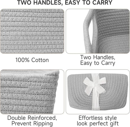 3-Pcs Shelf Baskets for Organizing, Closet Organizer Bins, Small Woven Baskets, Rope Toy Basket, Storage Basket for Shelves, Cube Decorative Box, 11.8×7.8×5.1”, Grey