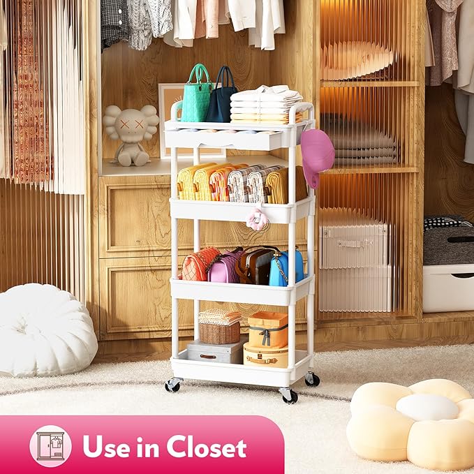 SUNALLY Makeup Cart Organizer with Drawers, 4 Tier Floor Skincare Organizers for Vanity, Rolling Makeup Bathroom Storage Cart Cosmetics Display Cases for Skin Care Perfume Nail Polish, White